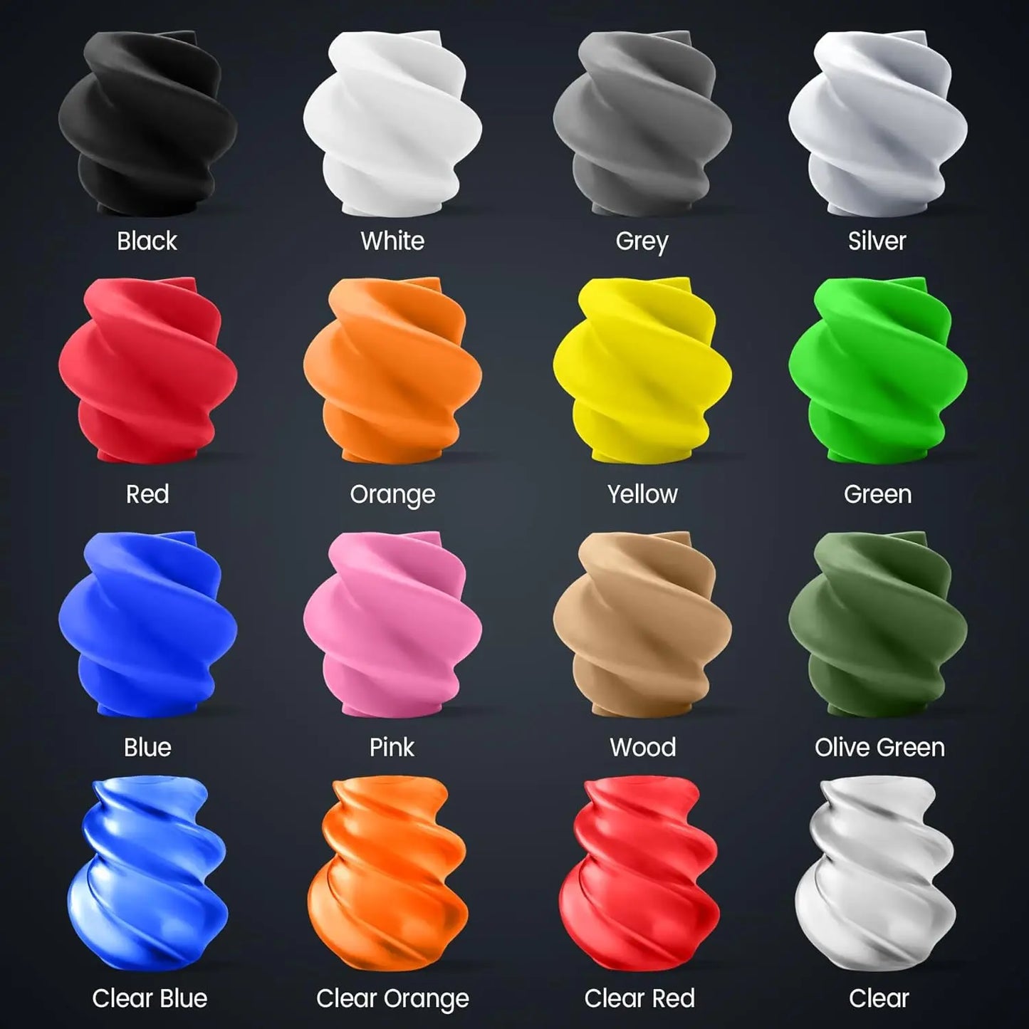 16 Color PLA Filament Bundle, 1.75mm for 3D Printers, Vacuum Packed, 4kg Total with Transparent and Solid Options