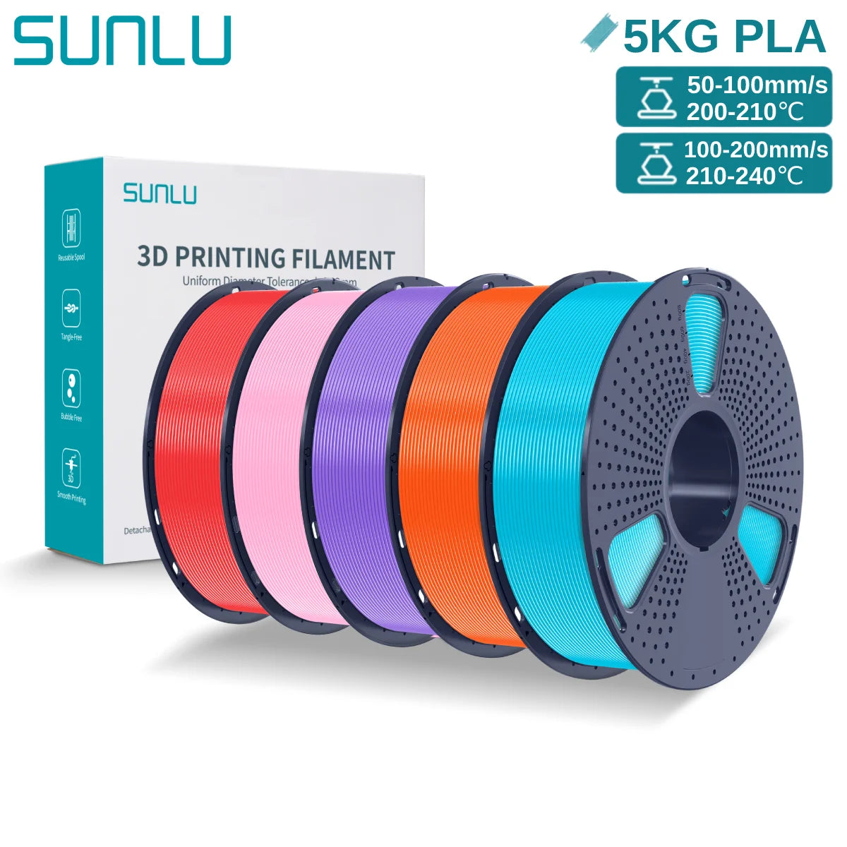 SUNLU 3D PLA Filament 1.75mm 5KG Multicolor Neatly Wound PLA Plastic 3D Filaments with Reusable Spool for Most FDM 3D Printer