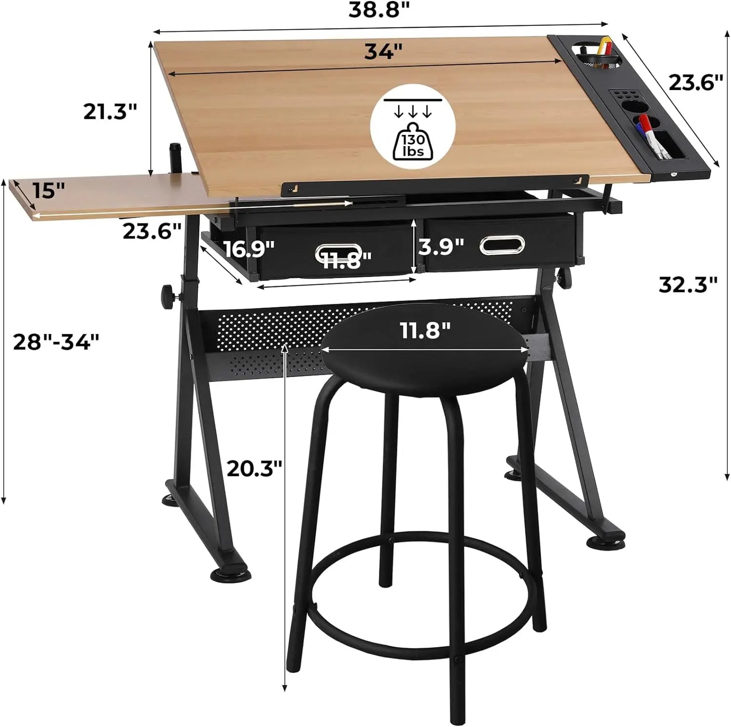 Drafting Table with Stool Set,Tilting Tabletop,Art Craft Desk,Side Table,Work Station,Drawing Desk,Adjustable