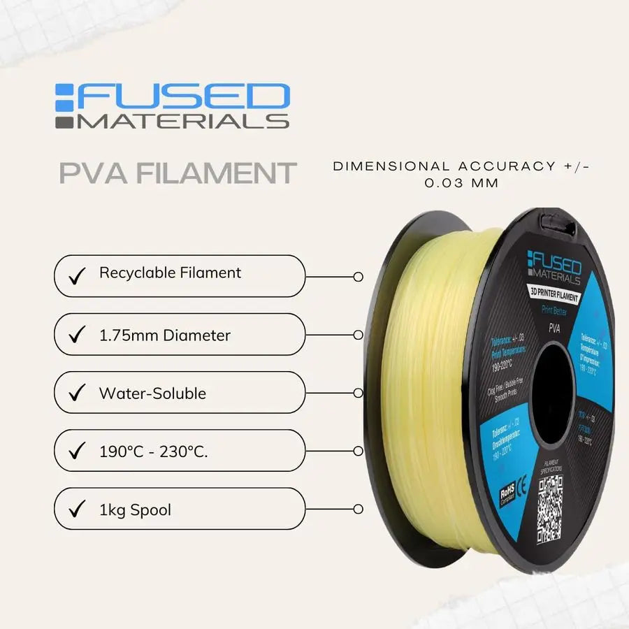 Materials PVA Filament 1.75mm WaterSoluble Support Material for 3D Printing Compatible with Bambu Lab, Polymaker, Overture, and