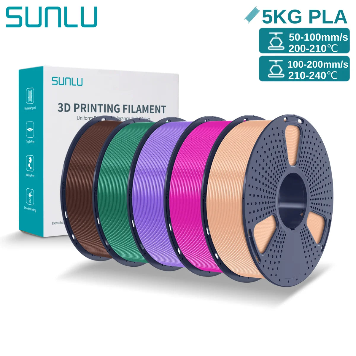 SUNLU 3D PLA Filament 1.75mm 5KG Multicolor Neatly Wound PLA Plastic 3D Filaments with Reusable Spool for Most FDM 3D Printer
