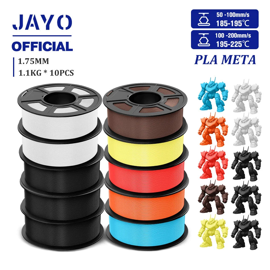 JAYO PLA Meta 3D Printer Filament 1.75mm High Flow PLA 3D Filament 1.1KG*10Rolls Neatly Wound 3D Printing Filament Fit Most FDM