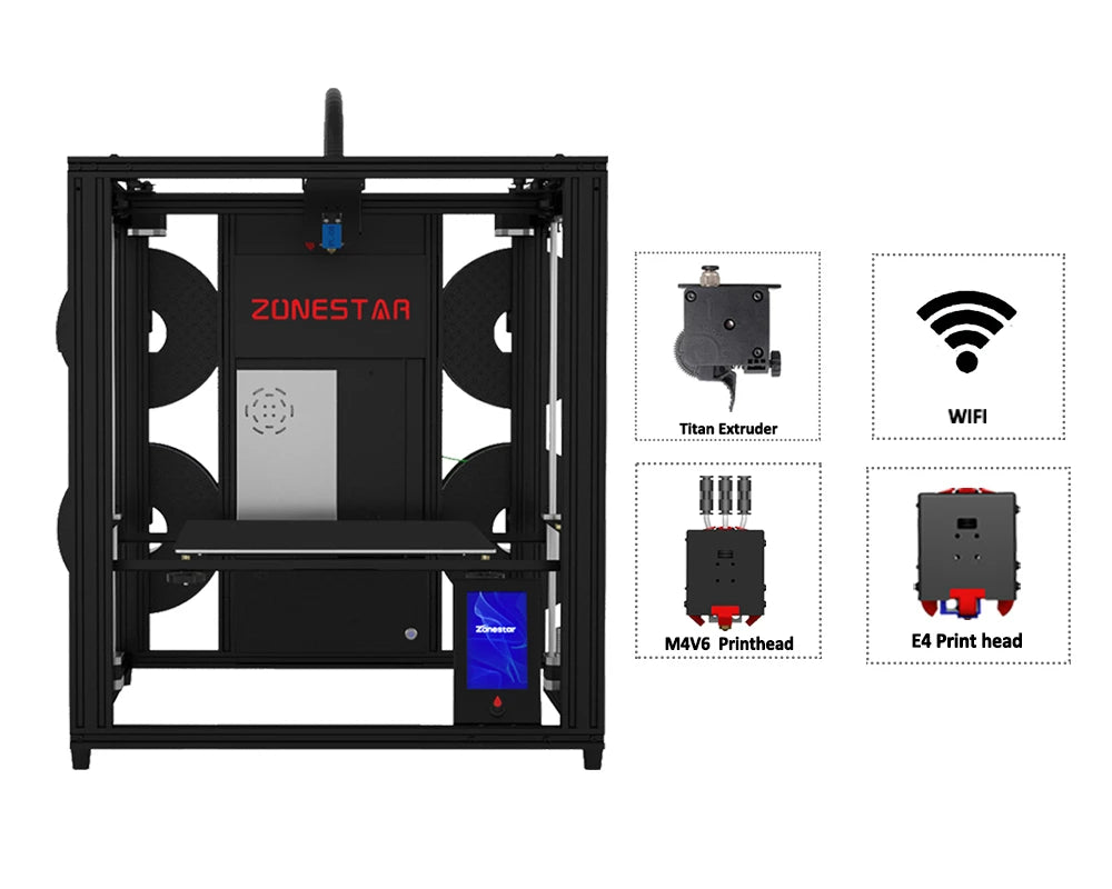 ZONESTAR 4 Extruders Multi Color FDM 3D Printer 4-IN-1-OUT Closed Frame Large Silent Auto Leveling CoreXY New Upgrade Z9V5Pro