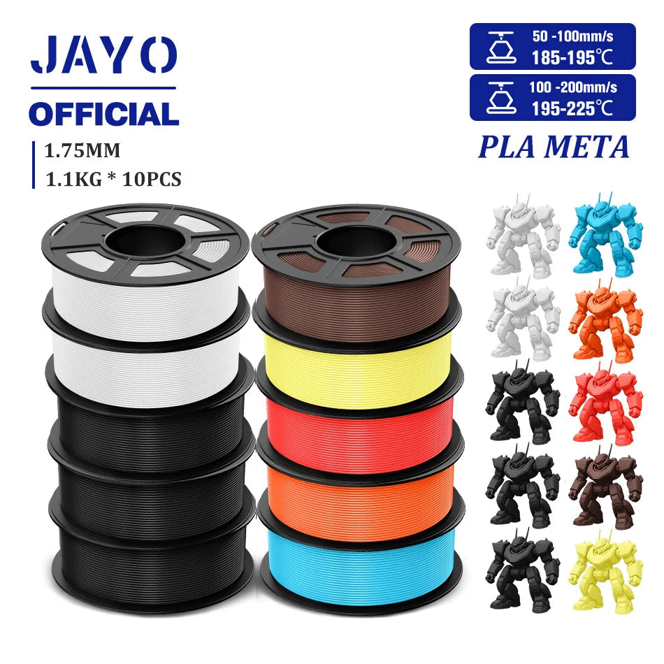 JAYO PLA Meta 3D Printer Filament 1.75mm High Flow PLA 3D Filament 1.1KG*10Rolls Neatly Wound 3D Printing Filament Fit Most FDM