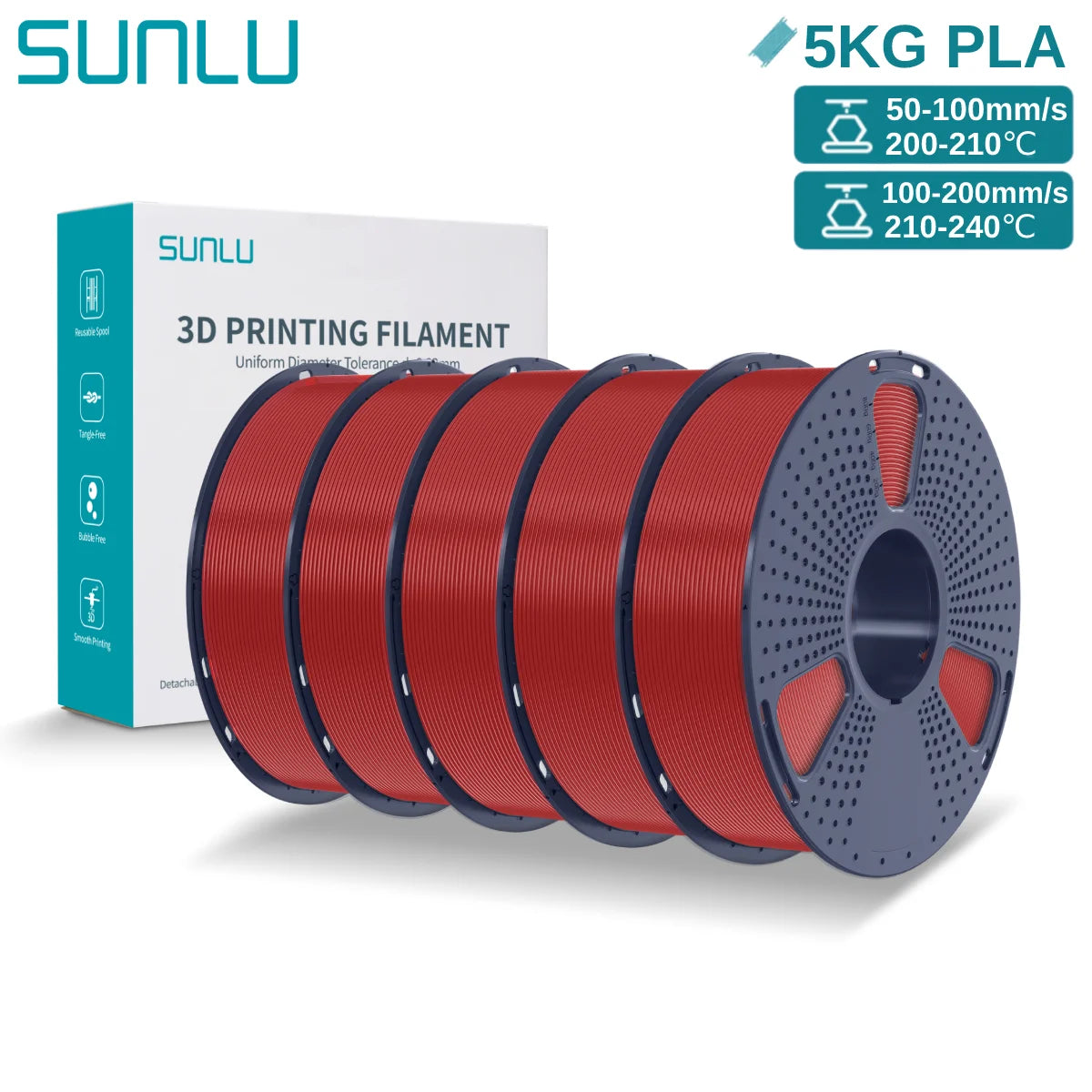 SUNLU 3D PLA Filament 1.75mm 5KG Multicolor Neatly Wound PLA Plastic 3D Filaments with Reusable Spool for Most FDM 3D Printer