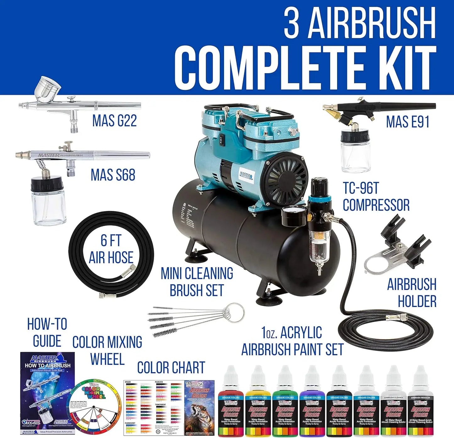 Powerful Master Airbrush Airbrushing System with 3 Airbrushes, 6 U.S. Art Supply Primary Colors Acrylic Paint Set