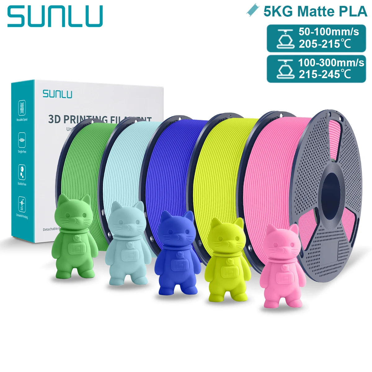 SUNLU Matte PLA 3D Filament 1.75mm Neatly Wound Easy to Use Colorful PLA Matte Surface for Most FDM Printer 3D Printing Material