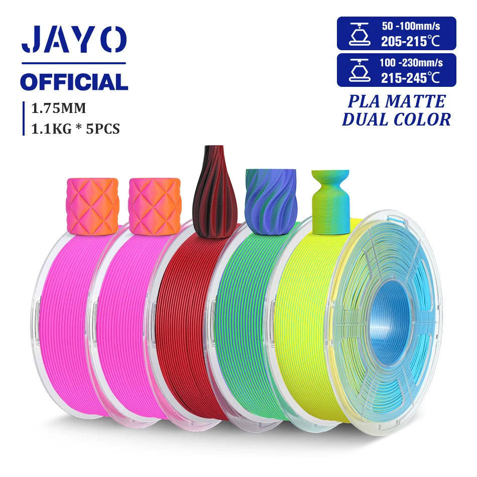 JAYO PLA Matte Dual Color 3D Filament 1.75mm PLA Matte 3D Printer Filament 5Rolls/Set PLA Filament Smooth Matte Finish
