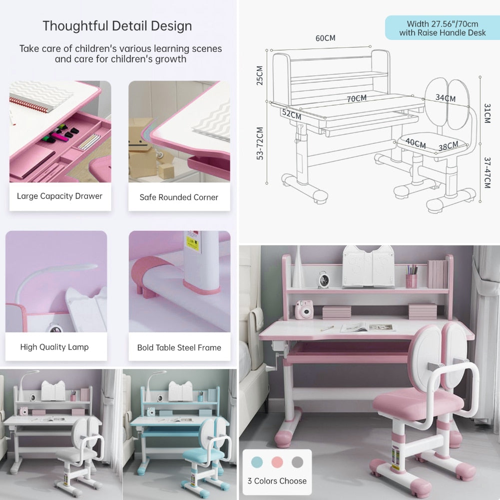 Children Desk and Chair Set Height Adjustable, 27.6&quot;W Ergonomic Kids School Writing Study Table Tilt Desktop Drawers Workstation