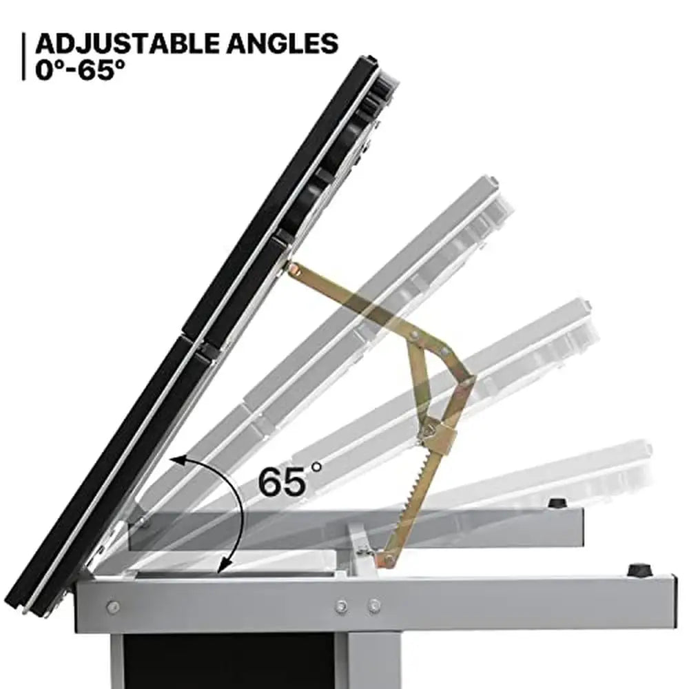 Glass Drafting Table Adjustable Angle Storage Tray Steel Frame Swivel Casters Stable Art Desk