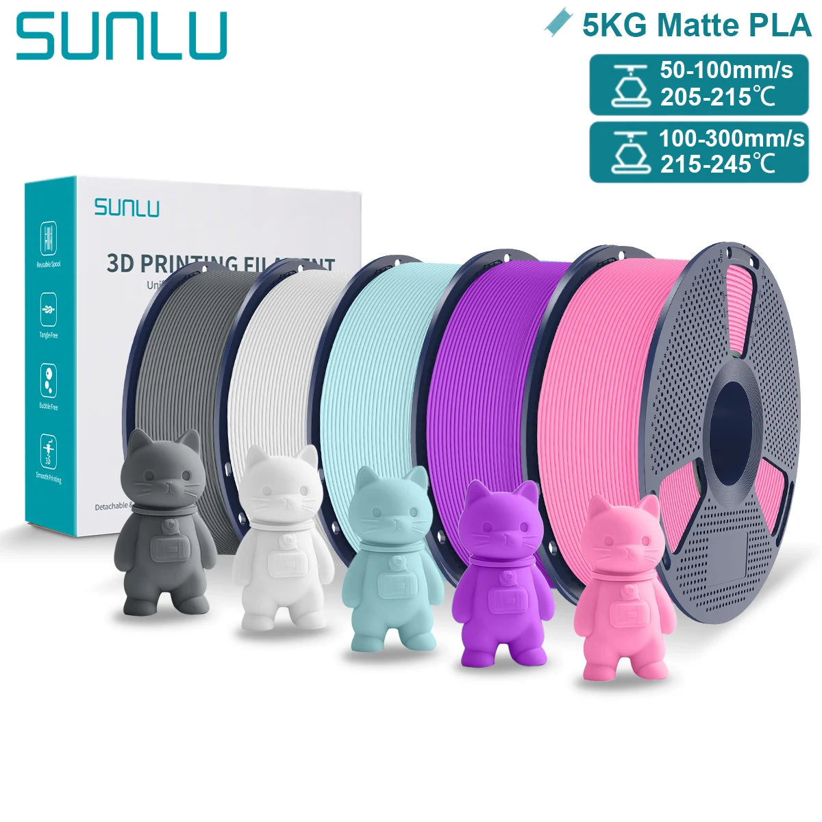 SUNLU Matte PLA 3D Filament 1.75mm Neatly Wound Easy to Use Colorful PLA Matte Surface for Most FDM Printer 3D Printing Material