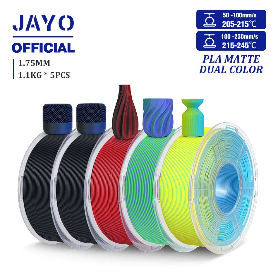 JAYO PLA Matte Dual Color 3D Filament 1.75mm PLA Matte 3D Printer Filament 5Rolls/Set PLA Filament Smooth Matte Finish