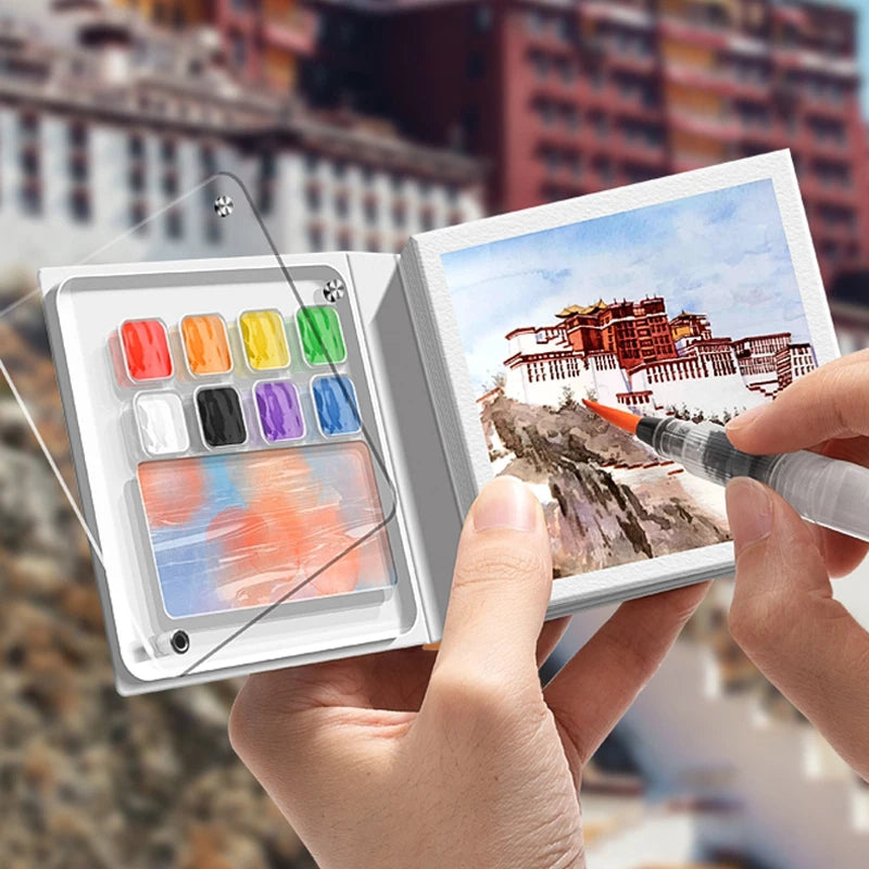 Mini Watercolor Painting Notebook With Pigment Palettle Creative Small Portable Drawing Sketching Book Art Stationery