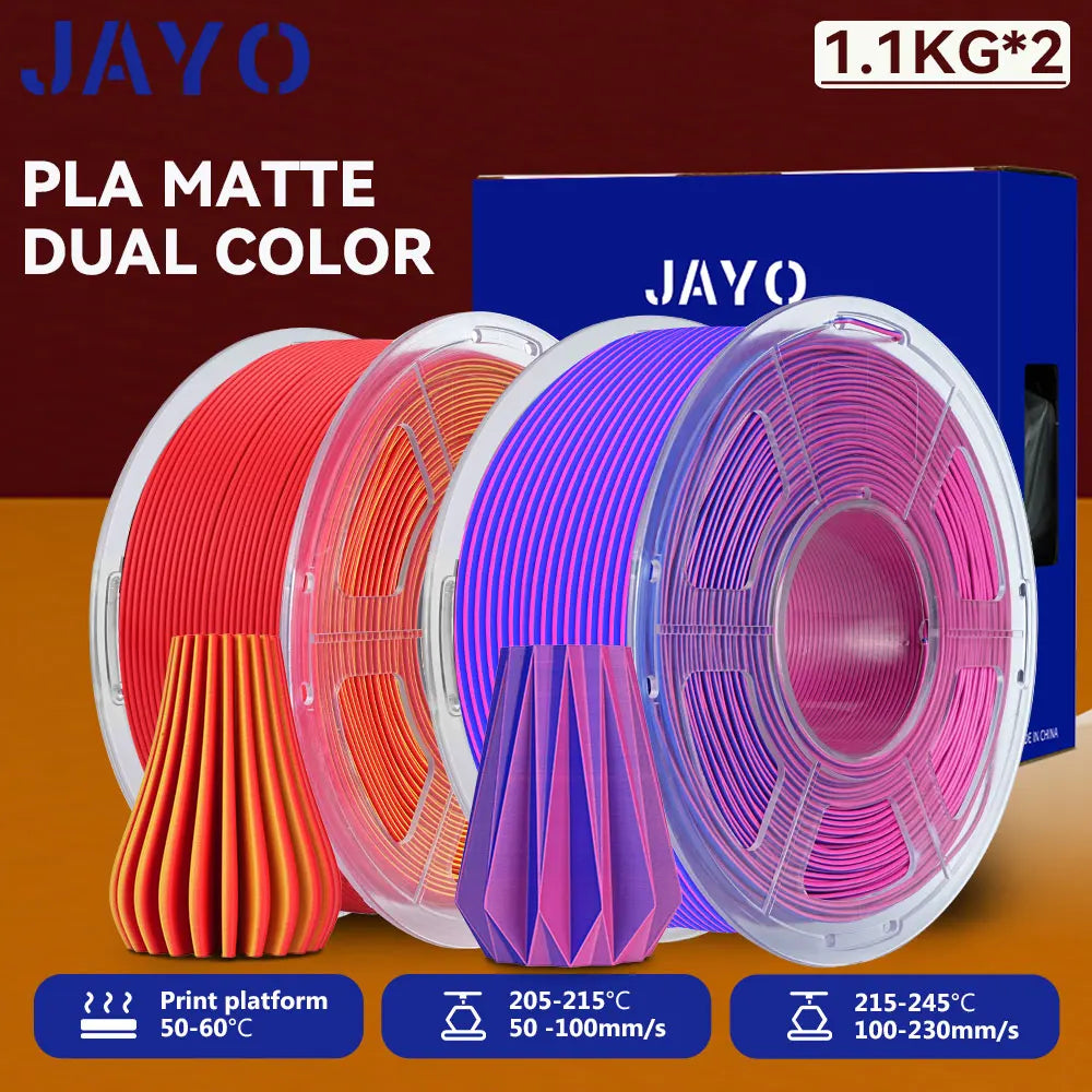 JAYO 2Rolls 3D PLA Matte /Dual Color Matte PLA Printer Filament 1.75mm Neatly Wound & Matte Finish Print with 99% FDM 3D Printer