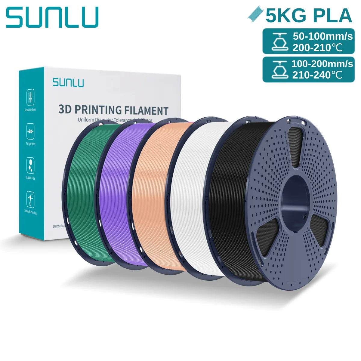 SUNLU 3D PLA Filament 1.75mm 5KG Multicolor Neatly Wound PLA Plastic 3D Filaments with Reusable Spool for Most FDM 3D Printer