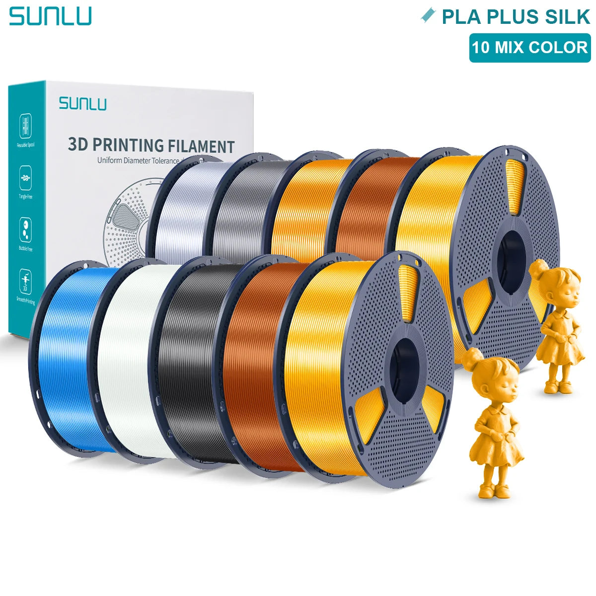 SUNLU Pla Plus Silk 3D Filament 1.75mm Smooth Surface Multicolor PLA+ Shiny Silk Filament for Most FDM 3D Printer 10KG