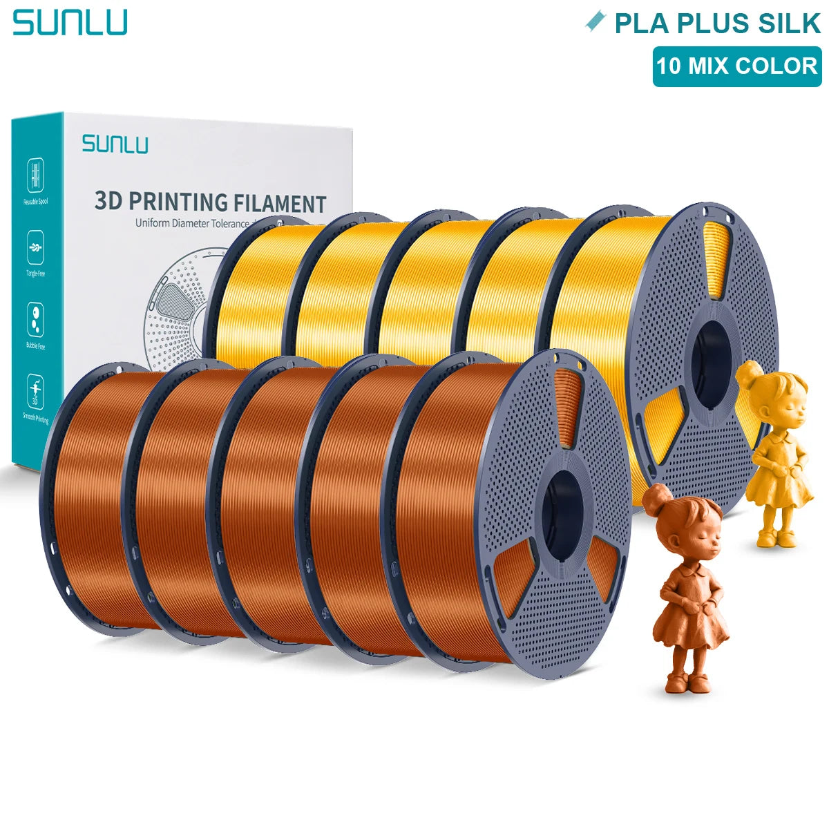 SUNLU Pla Plus Silk 3D Filament 1.75mm Smooth Surface Multicolor PLA+ Shiny Silk Filament for Most FDM 3D Printer 10KG