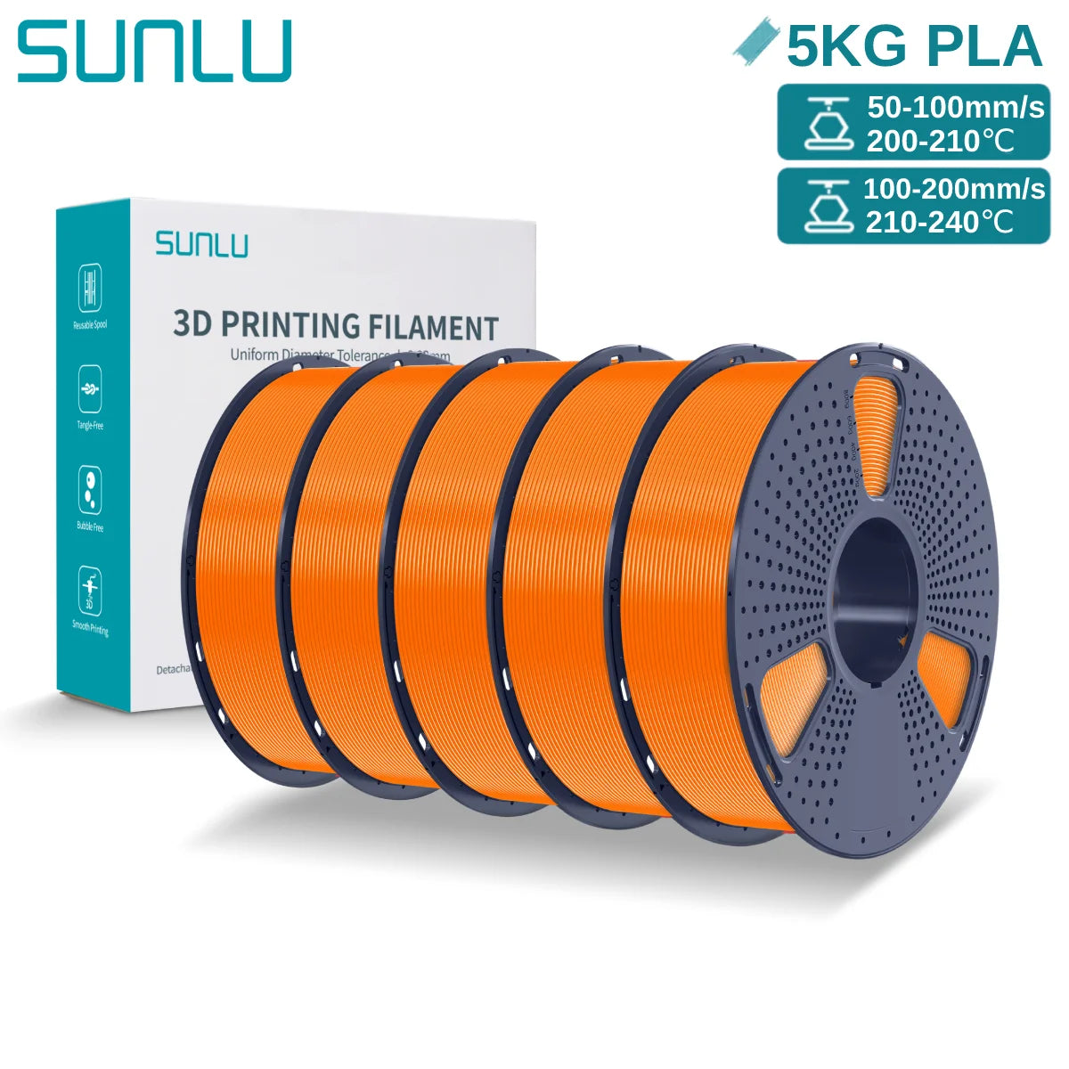 SUNLU 3D PLA Filament 1.75mm 5KG Multicolor Neatly Wound PLA Plastic 3D Filaments with Reusable Spool for Most FDM 3D Printer