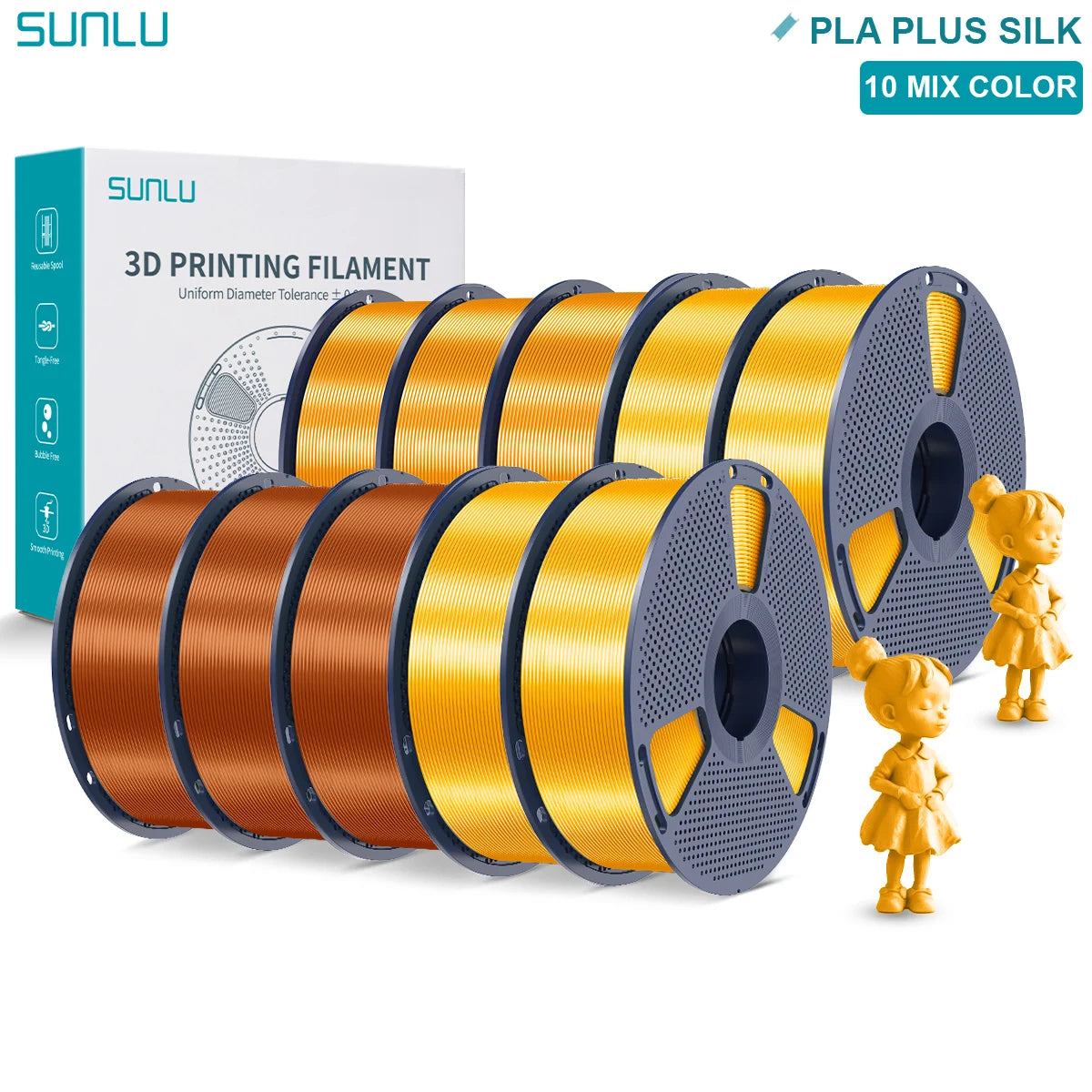 SUNLU Pla Plus Silk 3D Filament 1.75mm Smooth Surface Multicolor PLA+ Shiny Silk Filament for Most FDM 3D Printer 10KG