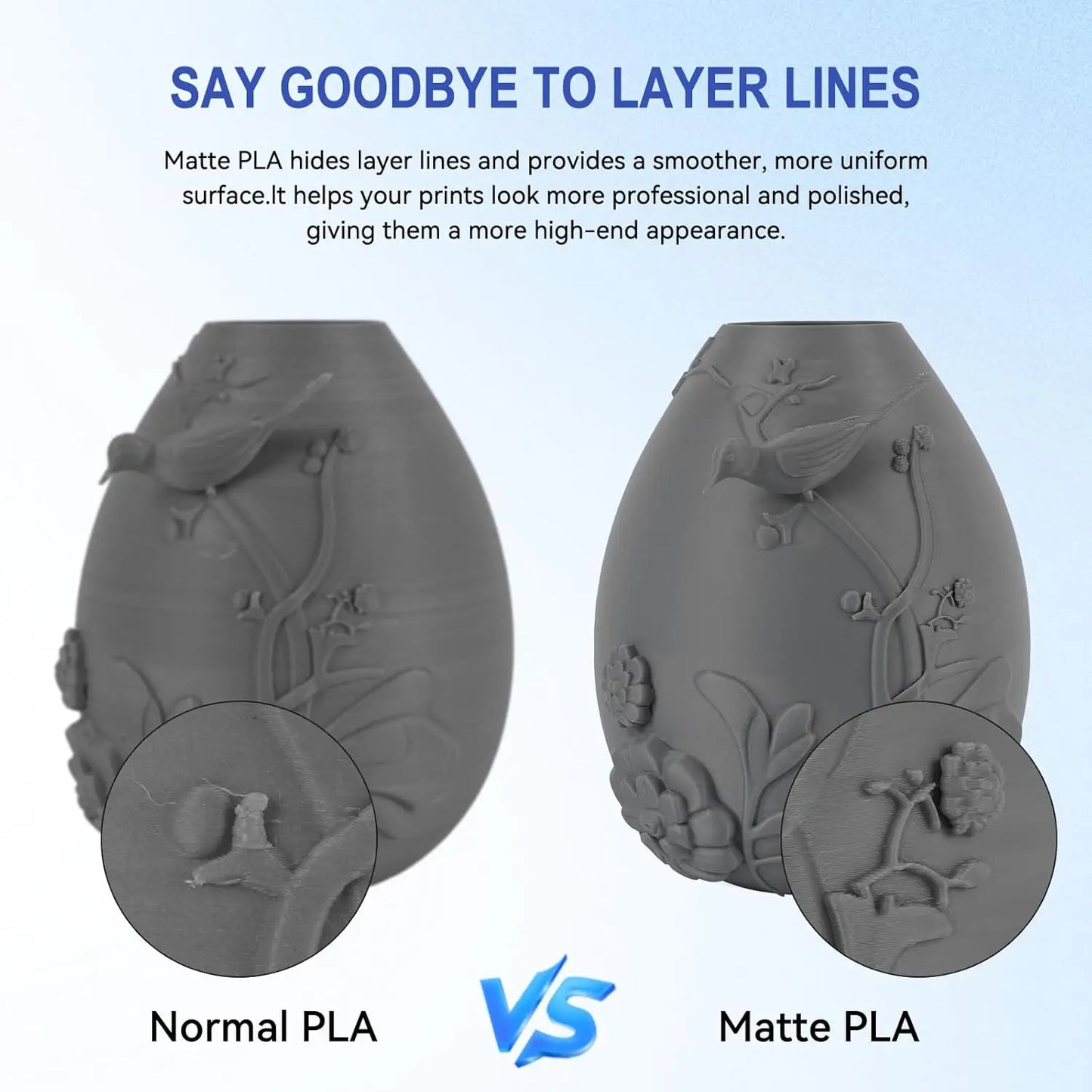 Matte PLA 3D Printer Filament 1.75mm, 10kg Grey, High Accuracy +/-0.02mm for Smooth Matte Finishes