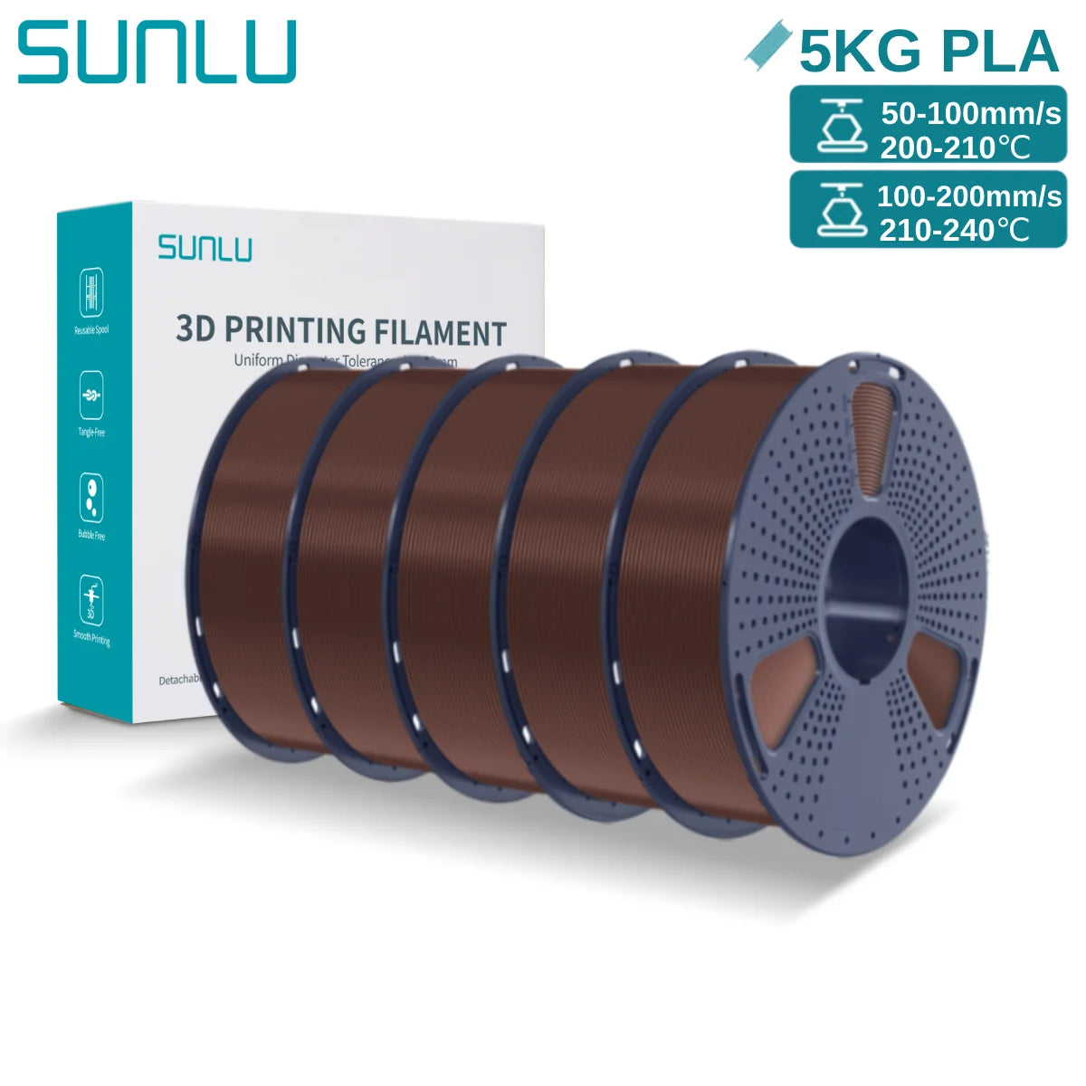 SUNLU 3D PLA Filament 1.75mm 5KG Multicolor Neatly Wound PLA Plastic 3D Filaments with Reusable Spool for Most FDM 3D Printer