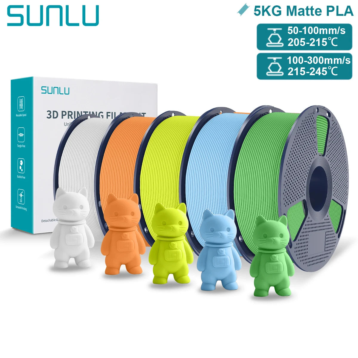 SUNLU Matte PLA 3D Filament 1.75mm Neatly Wound Easy to Use Colorful PLA Matte Surface for Most FDM Printer 3D Printing Material