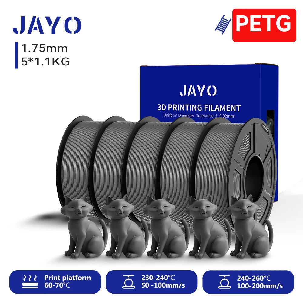 JAYO 3D PETG/PETG Clear 3D Printer Filament 1.75 ±0.02mm 5 /10Rolls High Toughness Neatly Wound Filament Fit Most FDM Printer