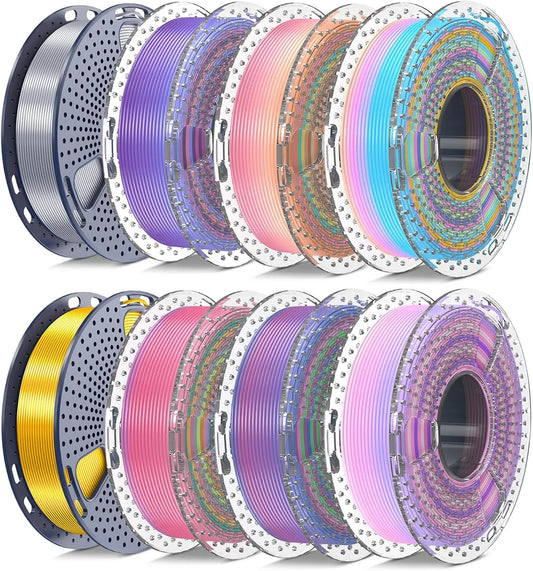 Silky Glossy PLA+ 3D Printer Filament Bundle, 1.75mm Multicolor 250gx8 Spools with Rainbow Series, Gold, Silver