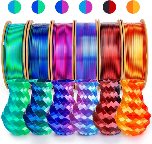 Silk PLA+ 3D Printing Filament Dual Color 6 Packs - 1.75mm, 250g x 6 Spools Bundle, Gold&Red, Black&Red, Rose Red&Sky Blue
