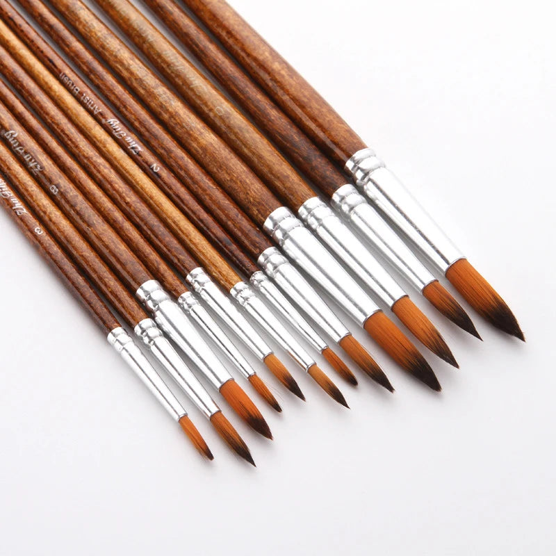 12 PCS/Set Nylon Hair Painting Brush Retro Wooden Handle Brush Pen DIY Watercolor Oil Acrylic Painting Paint Brushes Art Supply