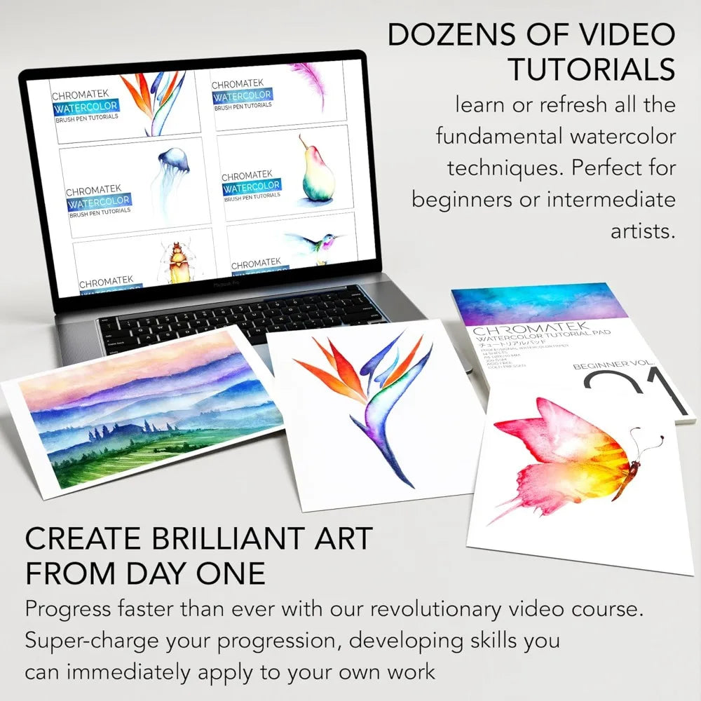 108 Watercolor Pens Set | Including 15 Page Pad & Online Video Tutorial Series | 5 Aquapens & 100 Unique Colors