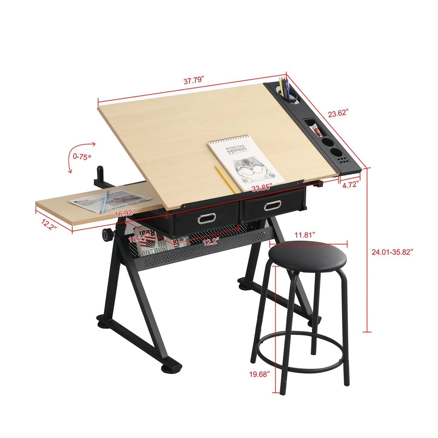 Height Adjustable Drawing Table with Storage Drawers and Stool 47-55x23.6x28-36Inch Yellow[US-Stock]