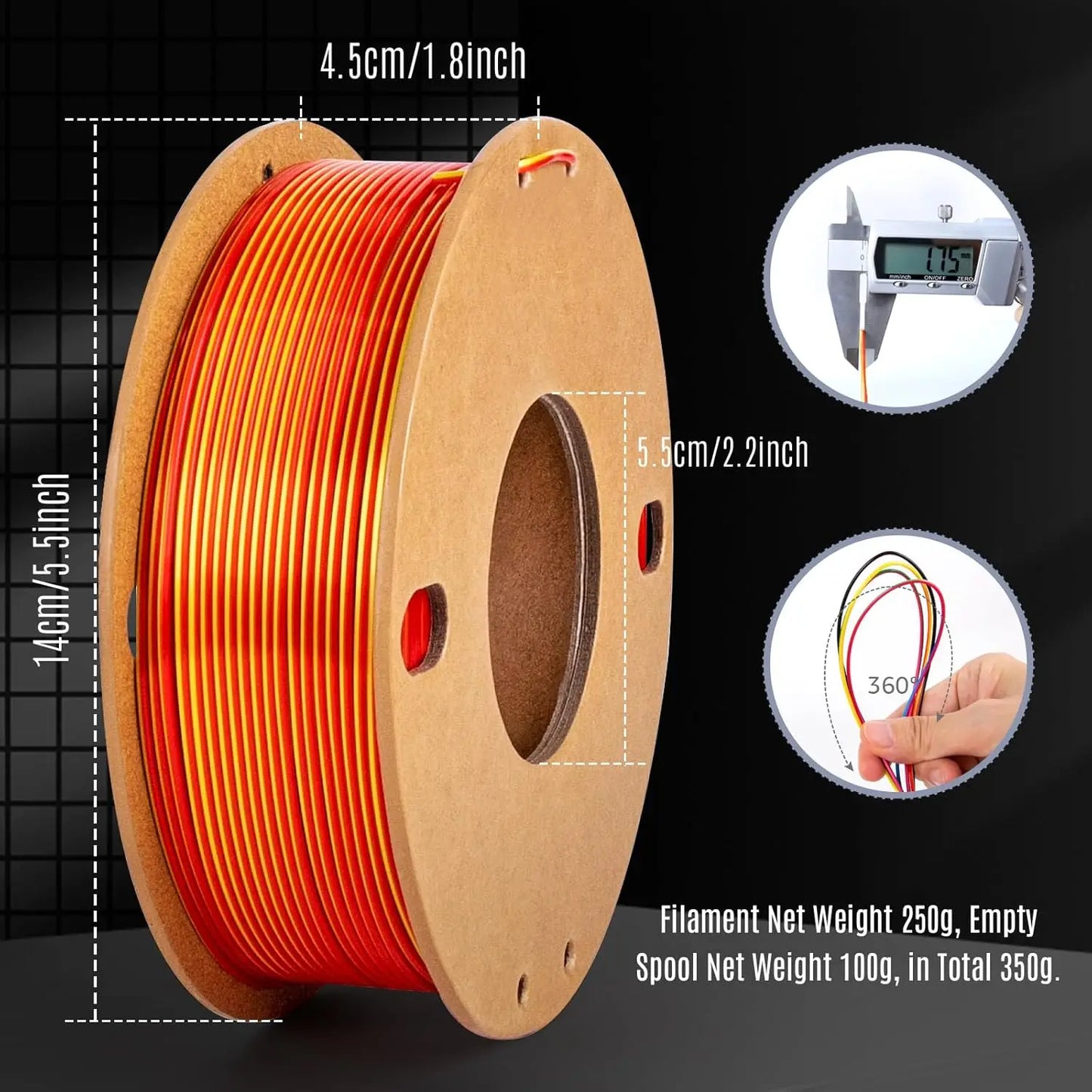Silk PLA+ 3D Printing Filament Dual Color 6 Packs - 1.75mm, 250g x 6 Spools Bundle, Gold&Red, Black&Red, Rose Red&Sky Blue