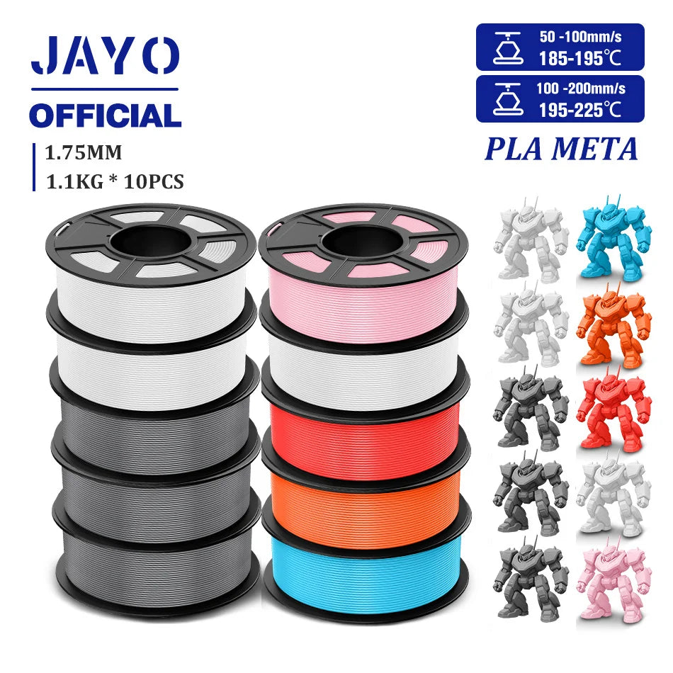 JAYO PLA Meta 3D Printer Filament 1.75mm High Flow PLA 3D Filament 1.1KG*10Rolls Neatly Wound 3D Printing Filament Fit Most FDM