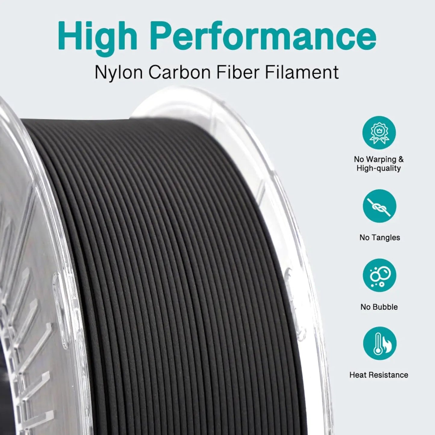Carbon Fiber Nylon 3D Printer Filament PA6-CF, 1.75mm 1kg with PC Spool for High Strength and Heat Resistance
