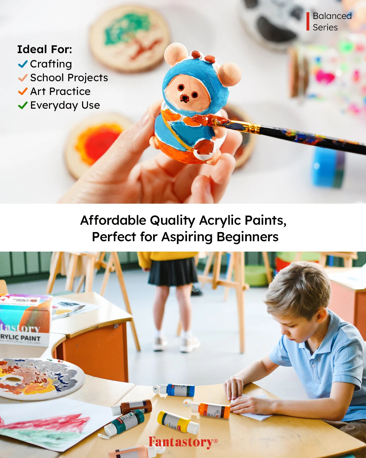 Fantastory Acrylic Paint Set, 24 Balanced Series Acrylic Paints (2 oz) with 12 Brushes, Professional Craft Paint Set, Canvas