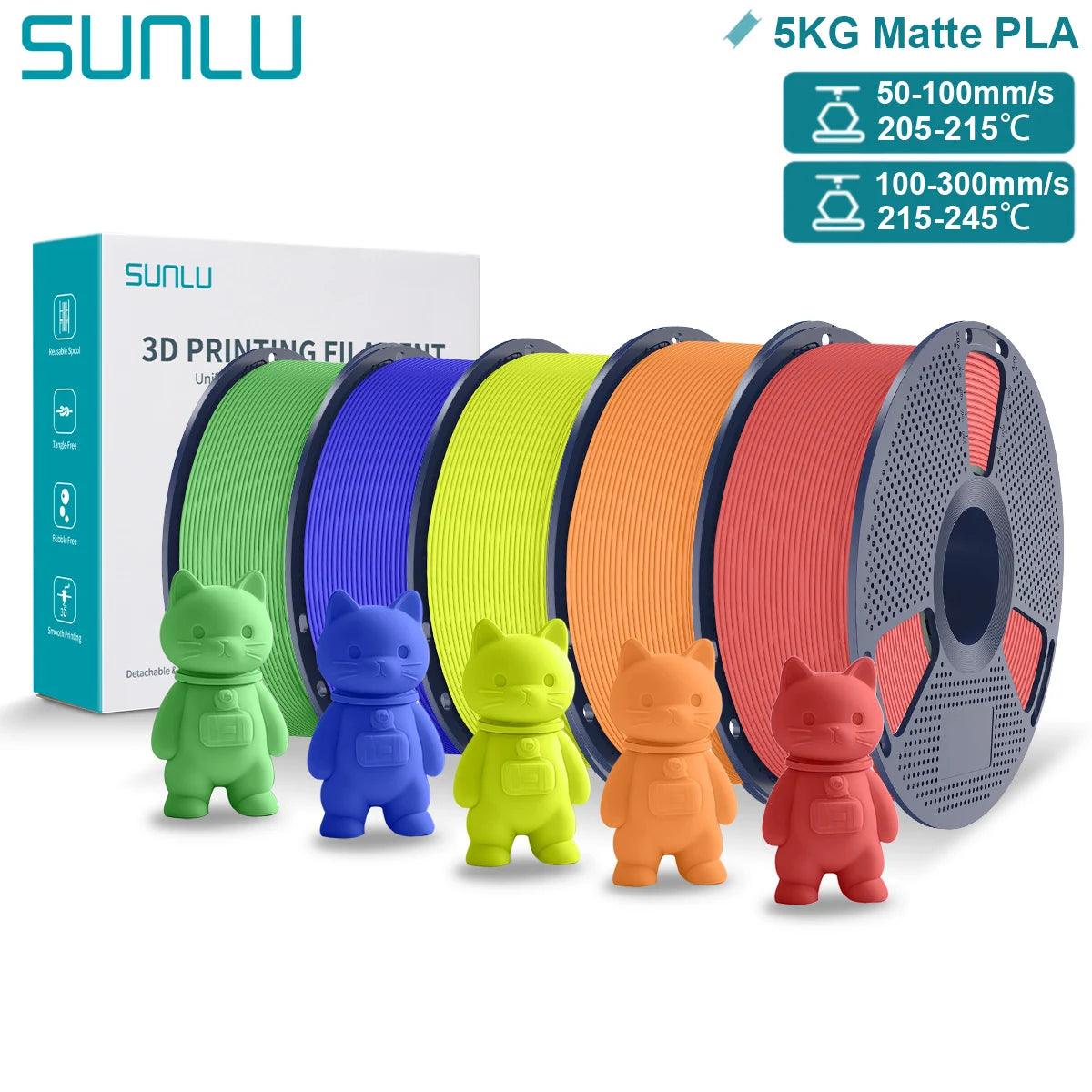 SUNLU Matte PLA 3D Filament 1.75mm Neatly Wound Easy to Use Colorful PLA Matte Surface for Most FDM Printer 3D Printing Material