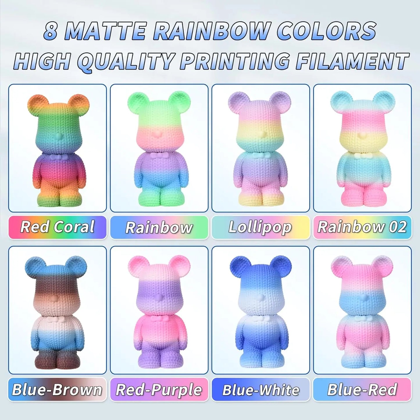 Matte Rainbow PLA 3D Printer Filament 1.75mm Multi-Color Changing Gradient for Smooth Printing