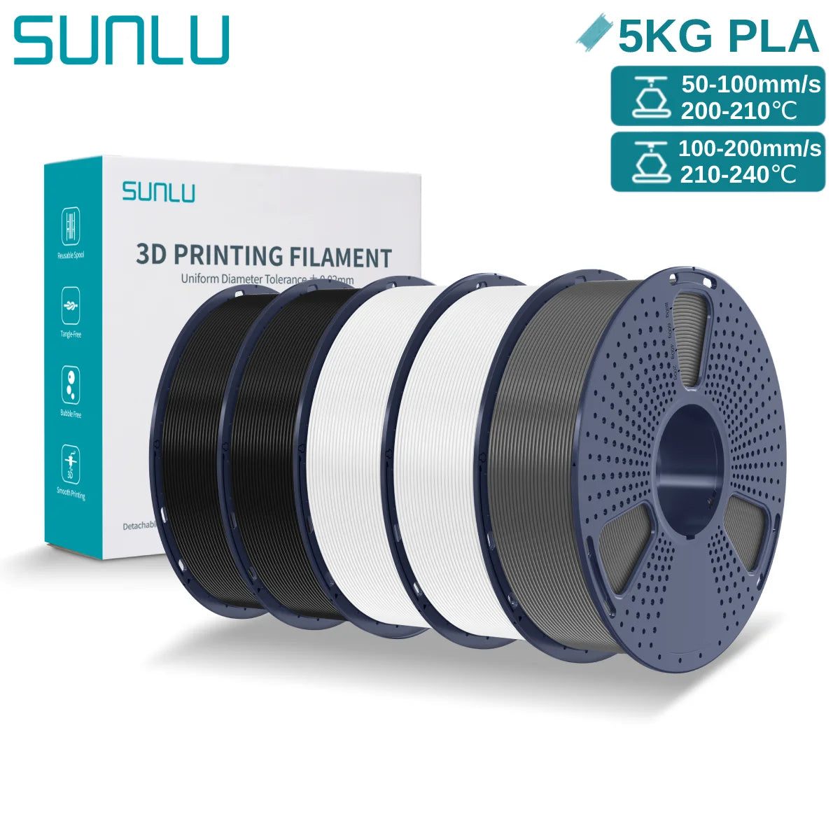 SUNLU 3D PLA Filament 1.75mm 5KG Multicolor Neatly Wound PLA Plastic 3D Filaments with Reusable Spool for Most FDM 3D Printer