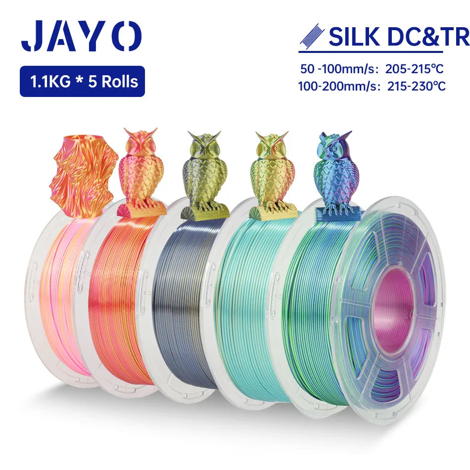 JAYO SILK PLA + Filament 1.75MM PLA 3D Filament 1.1KG for FDM 3D Printer  Neatly Wound Shiny 3D Printing Material 5Rolls
