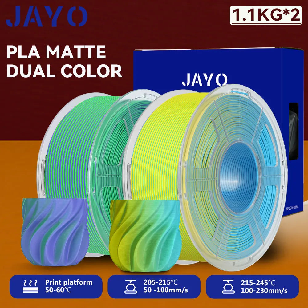 JAYO 2Rolls 3D PLA Matte /Dual Color Matte PLA Printer Filament 1.75mm Neatly Wound & Matte Finish Print with 99% FDM 3D Printer
