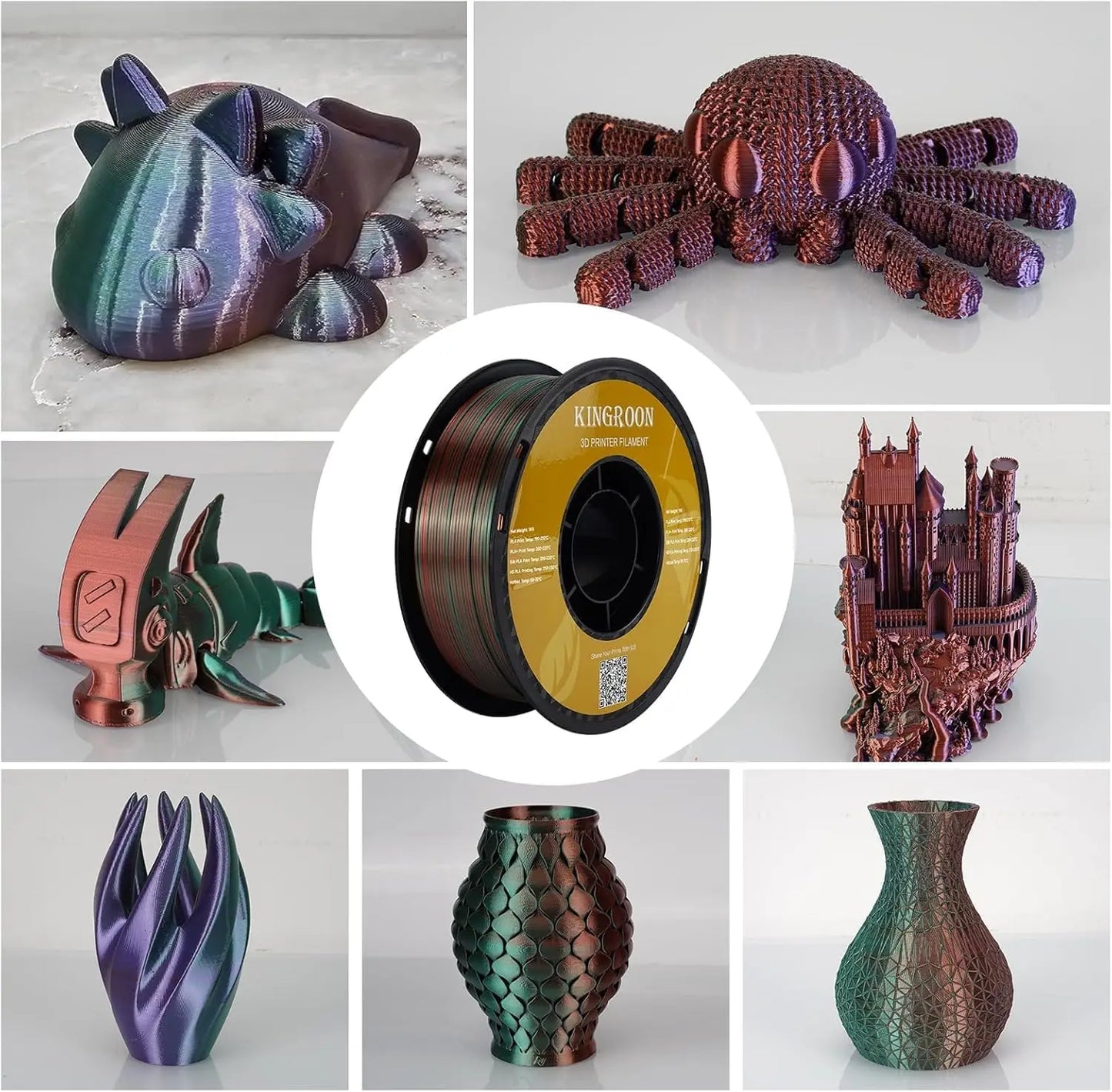 Multicolor Silk PLA Filament, Dual Color 3D Printer Filament Bundle, 10 Rolls (1.75mm), High Gloss and Dimensional Accuracy