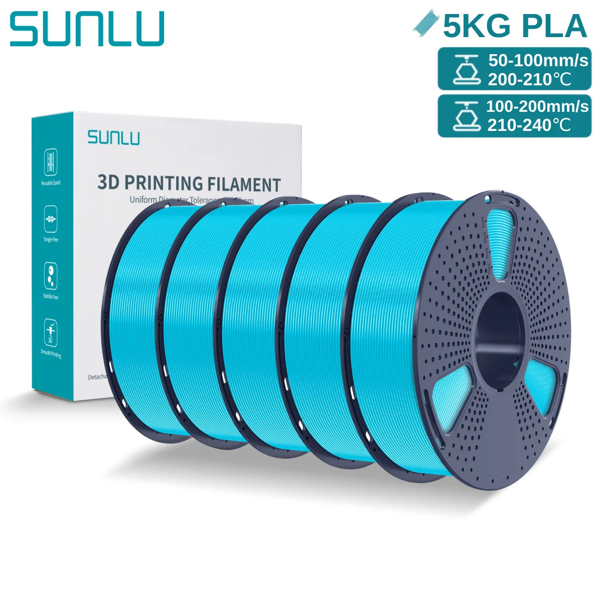 SUNLU 3D PLA Filament 1.75mm 5KG Multicolor Neatly Wound PLA Plastic 3D Filaments with Reusable Spool for Most FDM 3D Printer
