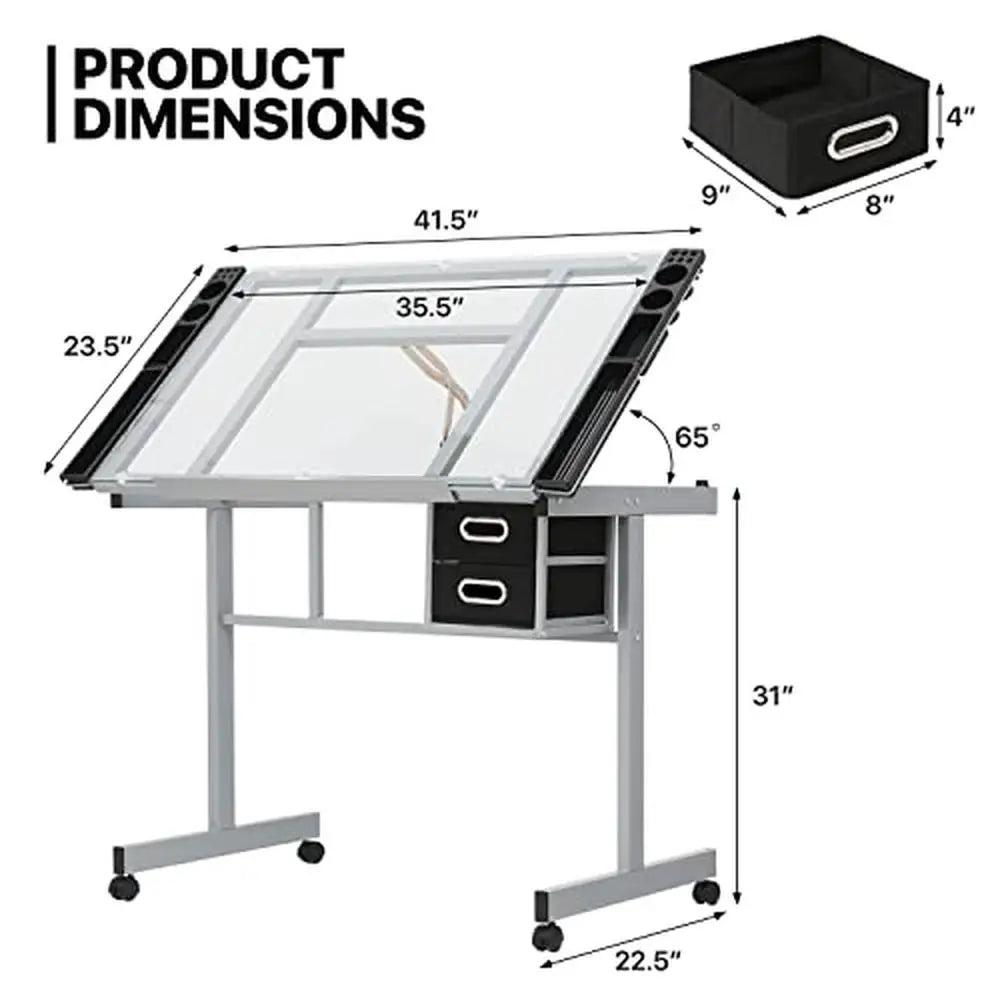 Glass Drafting Table Adjustable Angle Storage Tray Steel Frame Swivel Casters Stable Art Desk