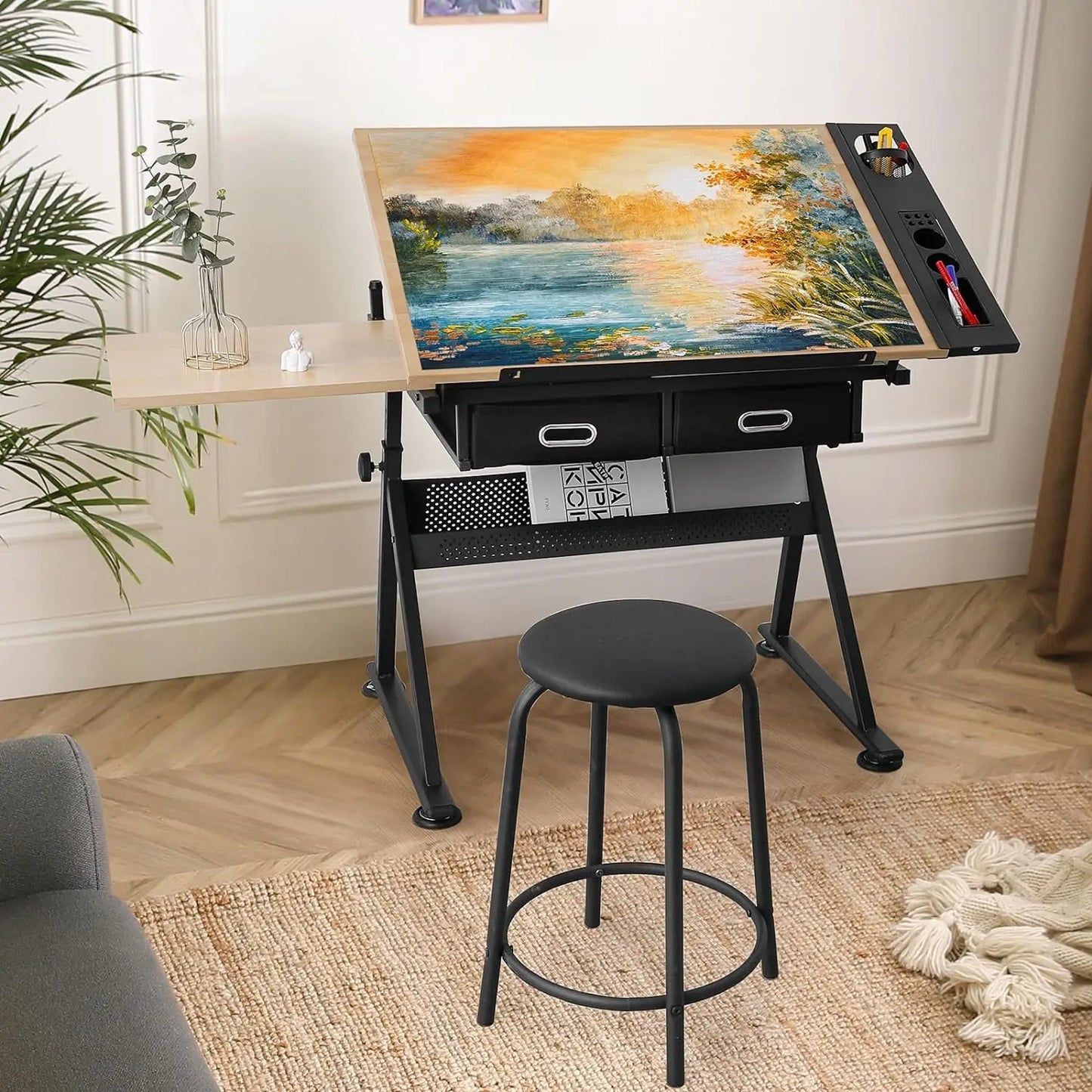 Drafting Table with Stool Set,Tilting Tabletop,Art Craft Desk,Side Table,Work Station,Drawing Desk,Adjustable