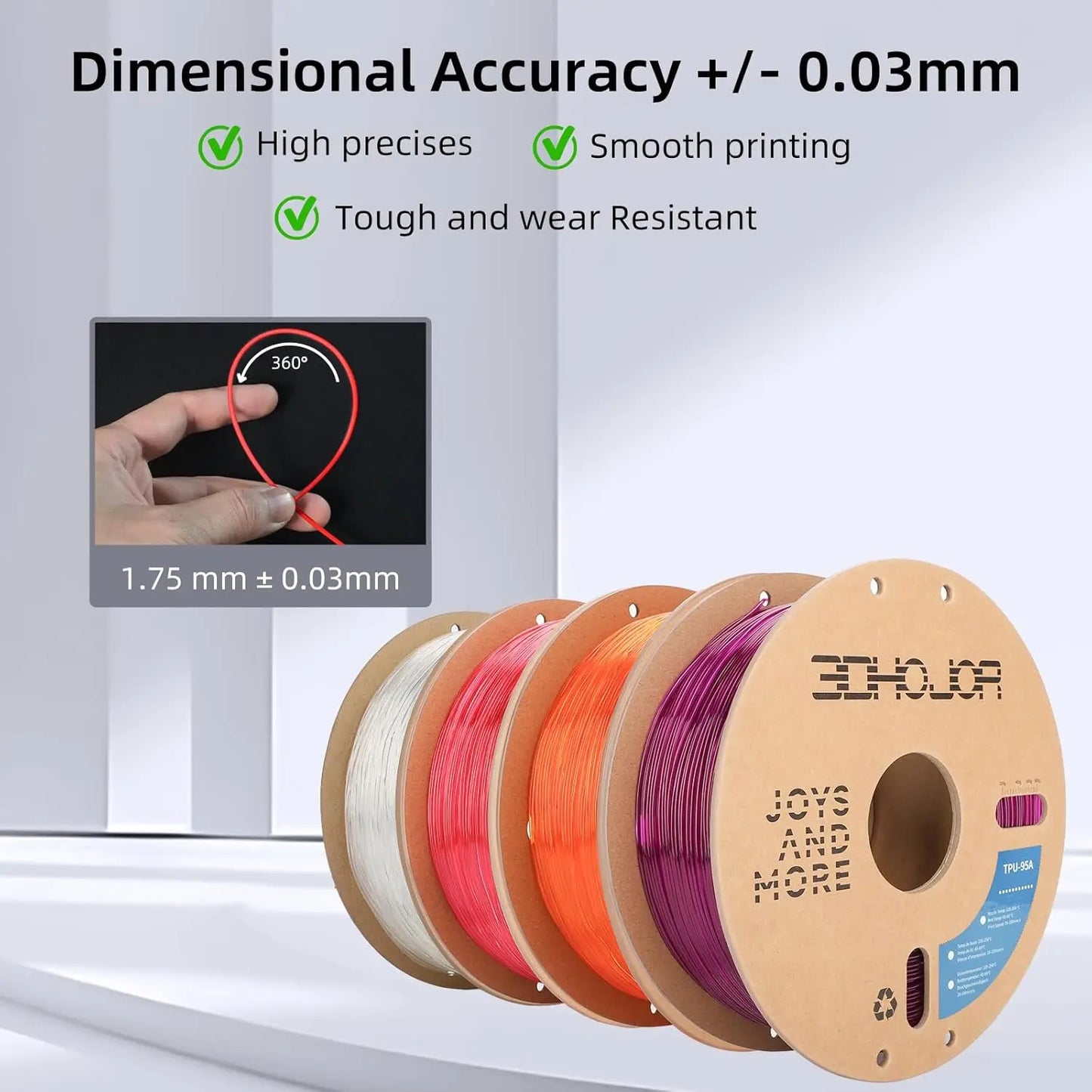 Flexible TPU 3D Printer Filament 1.75mm, 95A Hardness, 1KG*4 Bundle, Transparent Colors for FDM Printers