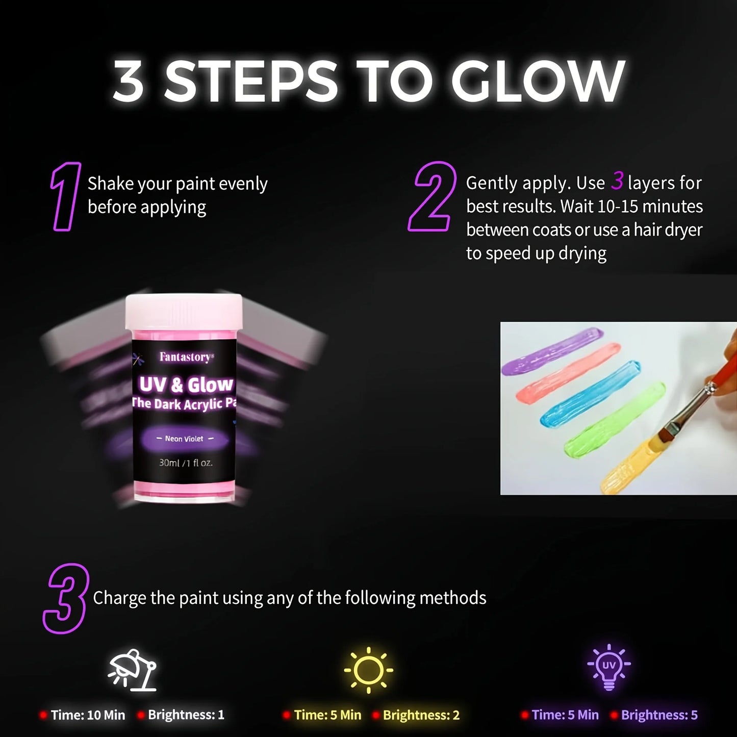 Fantastory 10pcs Glow in the Dark Acrylic Paints, 30ml/1oz Waterproof Paint for Stones, Glass, Wood, Drawing, Craft Supplies