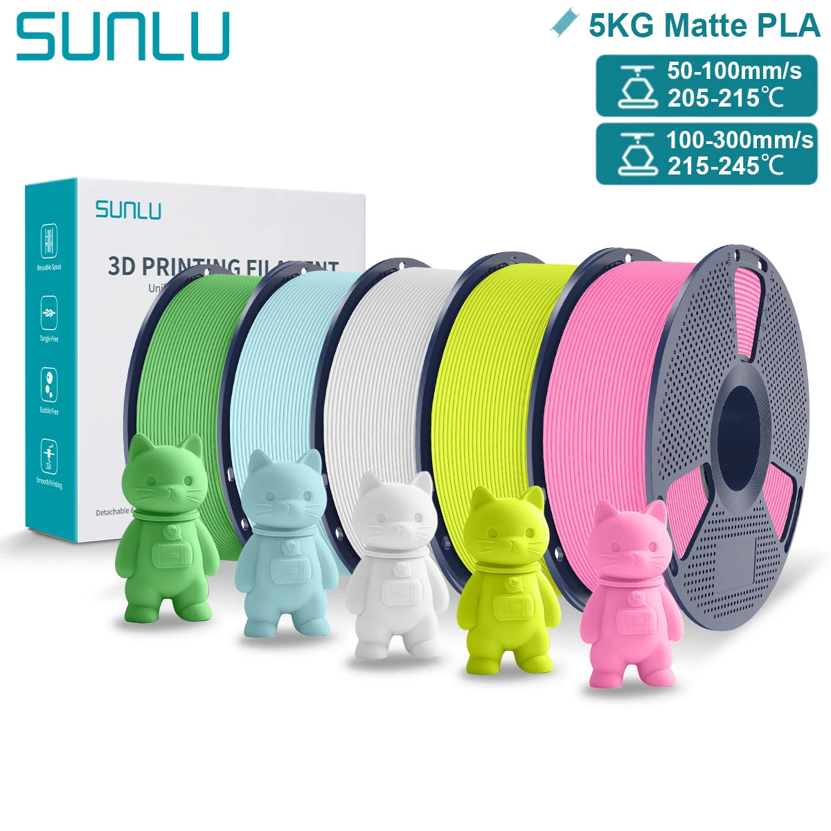 SUNLU Matte PLA 3D Filament 1.75mm Neatly Wound Easy to Use Colorful PLA Matte Surface for Most FDM Printer 3D Printing Material