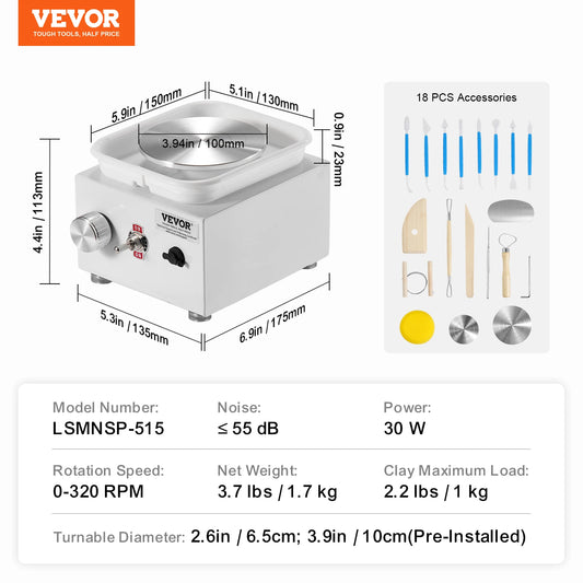 SucceBuy Mini Pottery Wheel 0-320RPM Adjustable Speed Detachable Basin 2.56in/3.94in 2 Turntable for ArtCraft Work Home DIY White