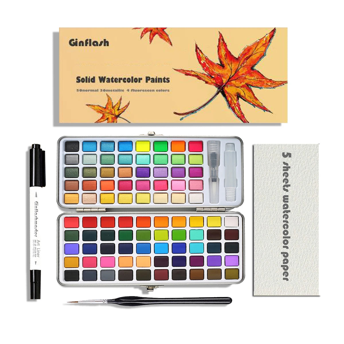 Ginflash 50/90colors Solid Pigment Watercolor Paints Set With Water Color Portable Brush Pen Professional Painting Art Supplies